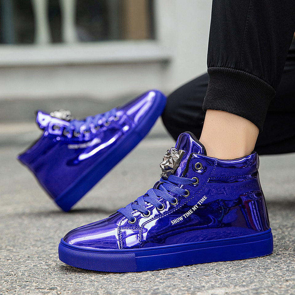 Giày sneaker nam cổ cao da bóng phong cách Hàn Quốc, giày thể thao thời trang cá tính — Bạc, màu xanh, màu đen, màu đỏ chi tiết 3