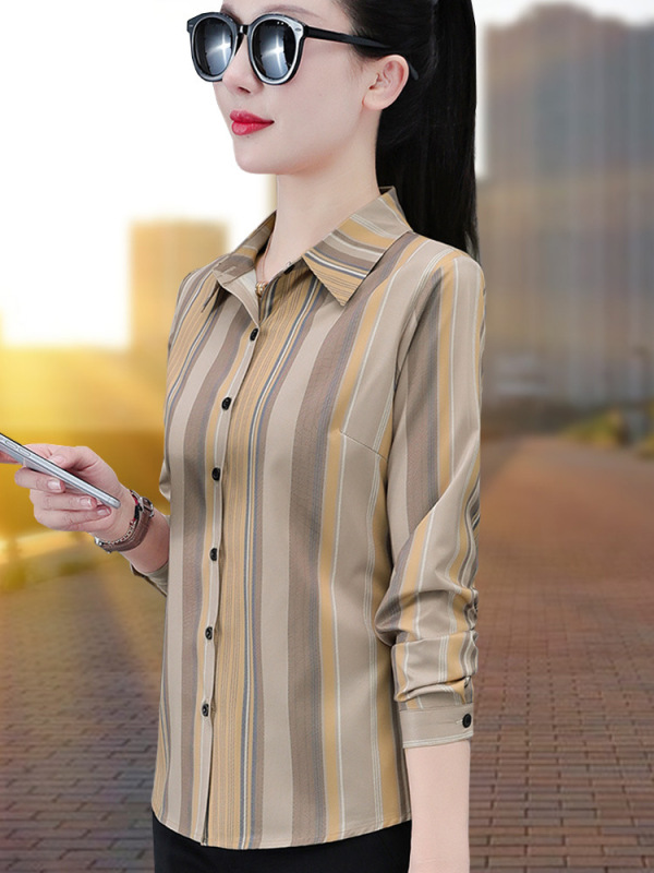 中年女士衬衫女春秋2025新款妈妈衬衣秋季薄款开衫长袖竖条纹上衣|undefined