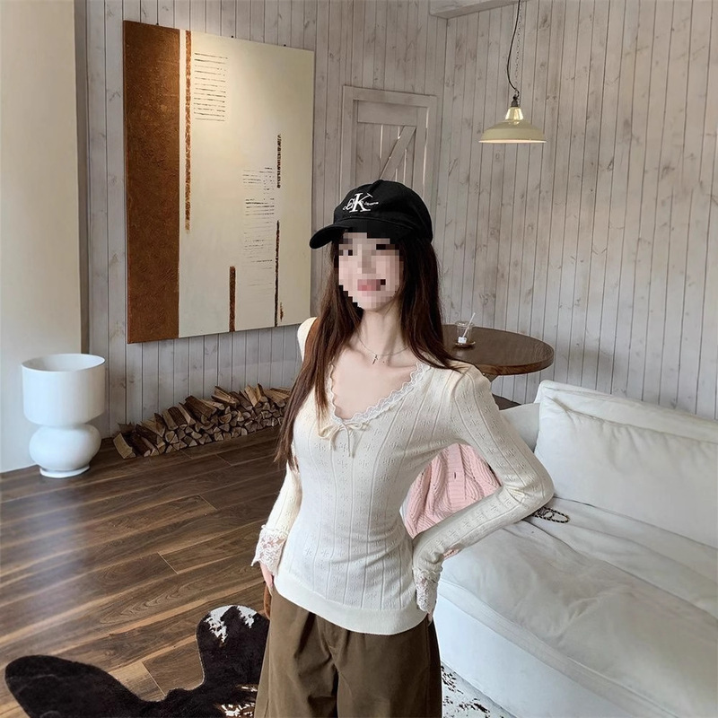 杏色蕾丝花边v领长袖针织衫女早秋蝴蝶结打底衫内搭别致绝美上衣|undefined