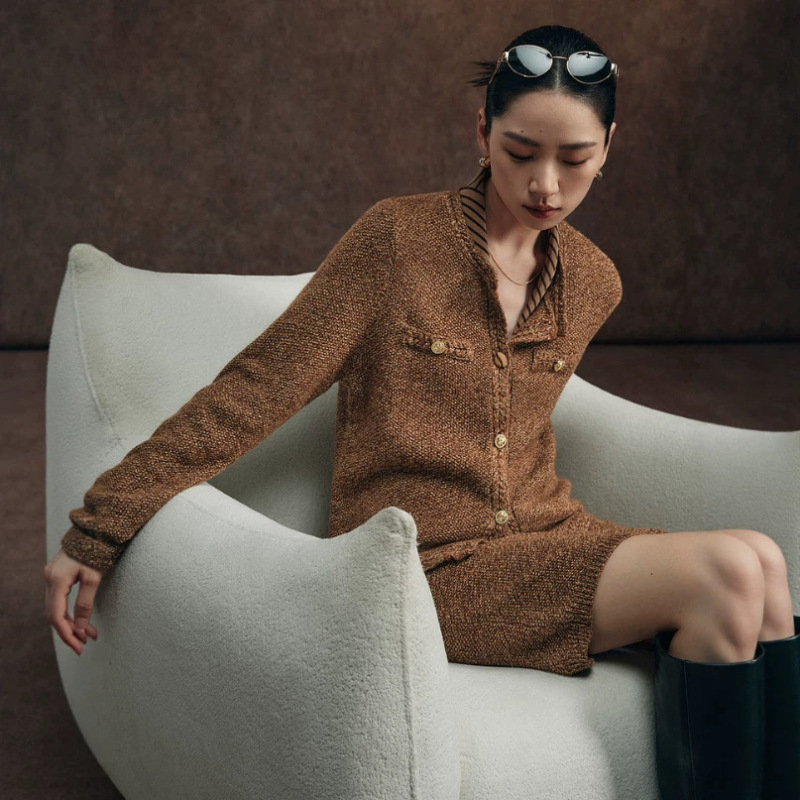 Unique and Exquisite Apparel/ Vintage Movie-Inspired Gold and Silver Thread Wool Knit Cardigan and Short Skirt Set Unique and Exquisite Apparel/ Vintage Movie-Inspired Gold and Silver Thread Wool Knit Cardigan and Short Skirt Set