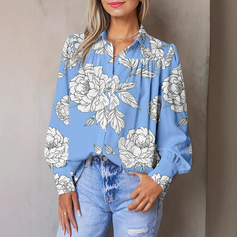Trendy Full-Button Shirt for Women, Printed Long-Sleeve Top, Loose European and American Style, New Wave Beach Style