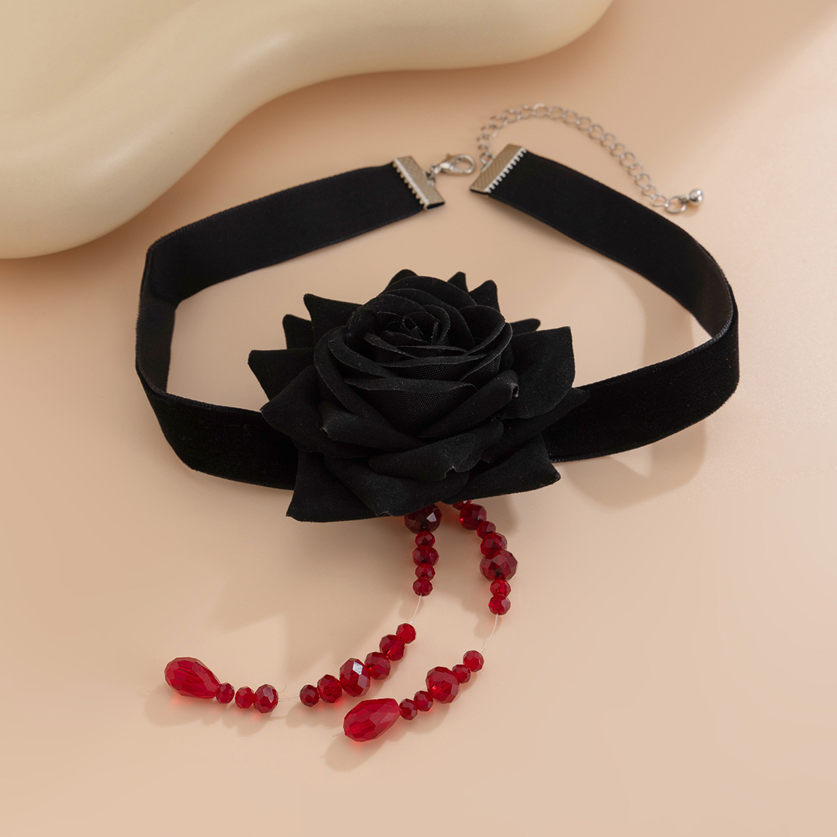 Collier à lanières en velours rose vintage, chaîne de clavicule à franges en cristal de vent foncé_voghion.com