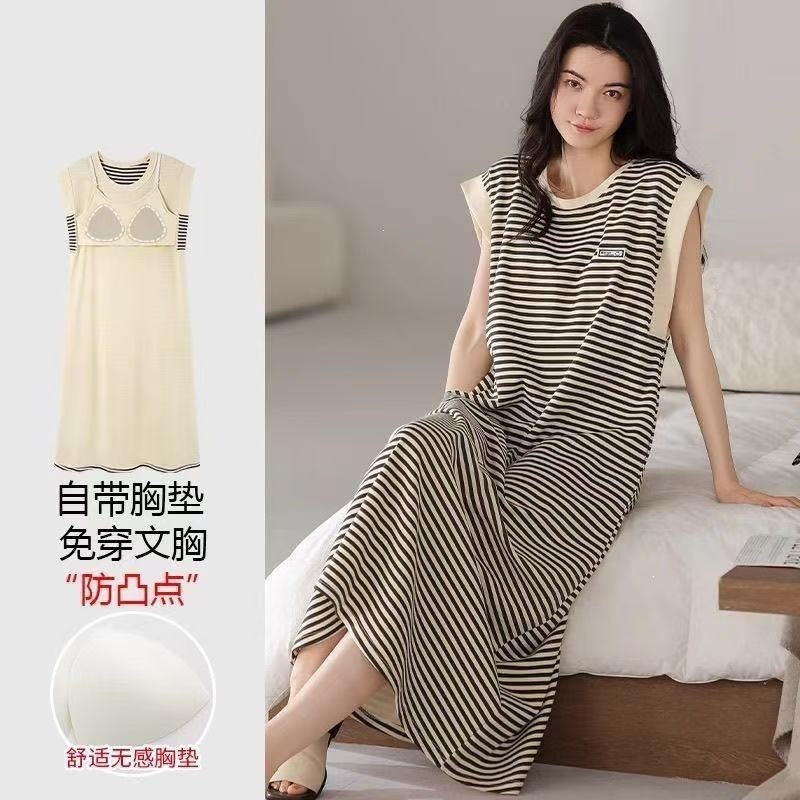 Nuevo pijama con cojín de pecho para mujeres pijama dulce verano delgado de manga corta rayas sueltas ropa de casa de verano grande