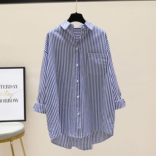 Cotton striped printed long-sleeved shirt for women 2025 spring and autumn Korean style literary loose simple mid-length cardigan shirt