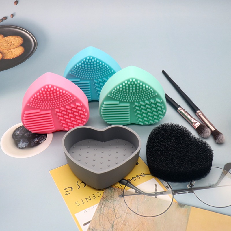 Caja de lavado en forma de corazón esponja de silicona cariño cepillo de maquillaje caja de limpieza en seco caja de limpieza de cepillo de maquillaje de doble uso