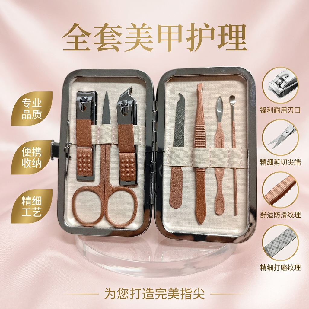 Nail Clipper Set, Complete Set of Nail Clippers, Set Box, Girls' Pedicure Knife, Ear Scoop, Manicure Tools, Rose Gold