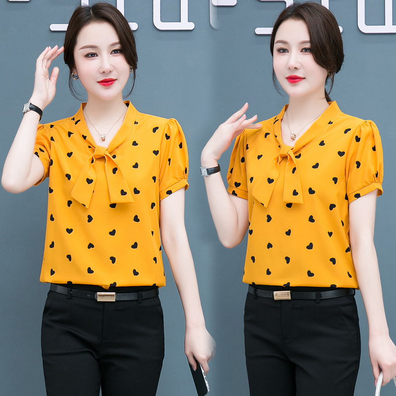 Shirt Women's Short-sleeved Summer Korean-style Love Printed Top Women's Belly-covering Slimming Elegant All-match Western Style Small Shirt for Spring and Autumn
