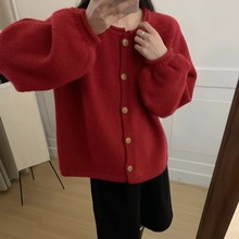 2024春季韩版时尚慵懒风单排扣圆领卷边单排扣针织开衫毛衣外套女