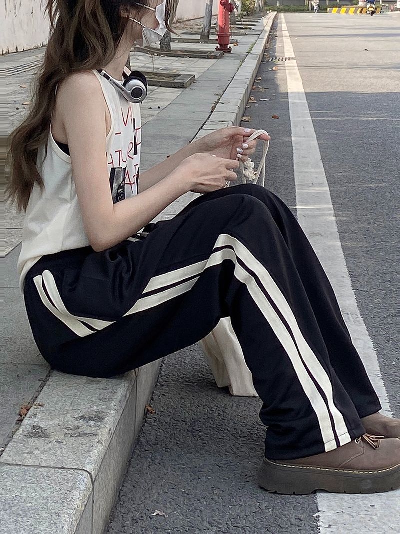 Pantalones de piernas largas estadounidenses de verano para niñas nuevas rayas laterales coreanas de estilo de Hong Kong pantalones deportivos rectos casuales sueltos image 4