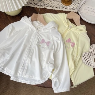 Girls' Bow Print Hooded Sun Protection Clothing Baby Bat Sleeve Loose Jacket Thin Kidsren's Summer New Style