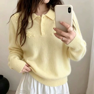 100%羊毛POLO领绣花羊毛女2026新款镂空刺绣羊毛上衣女跨境宽松女