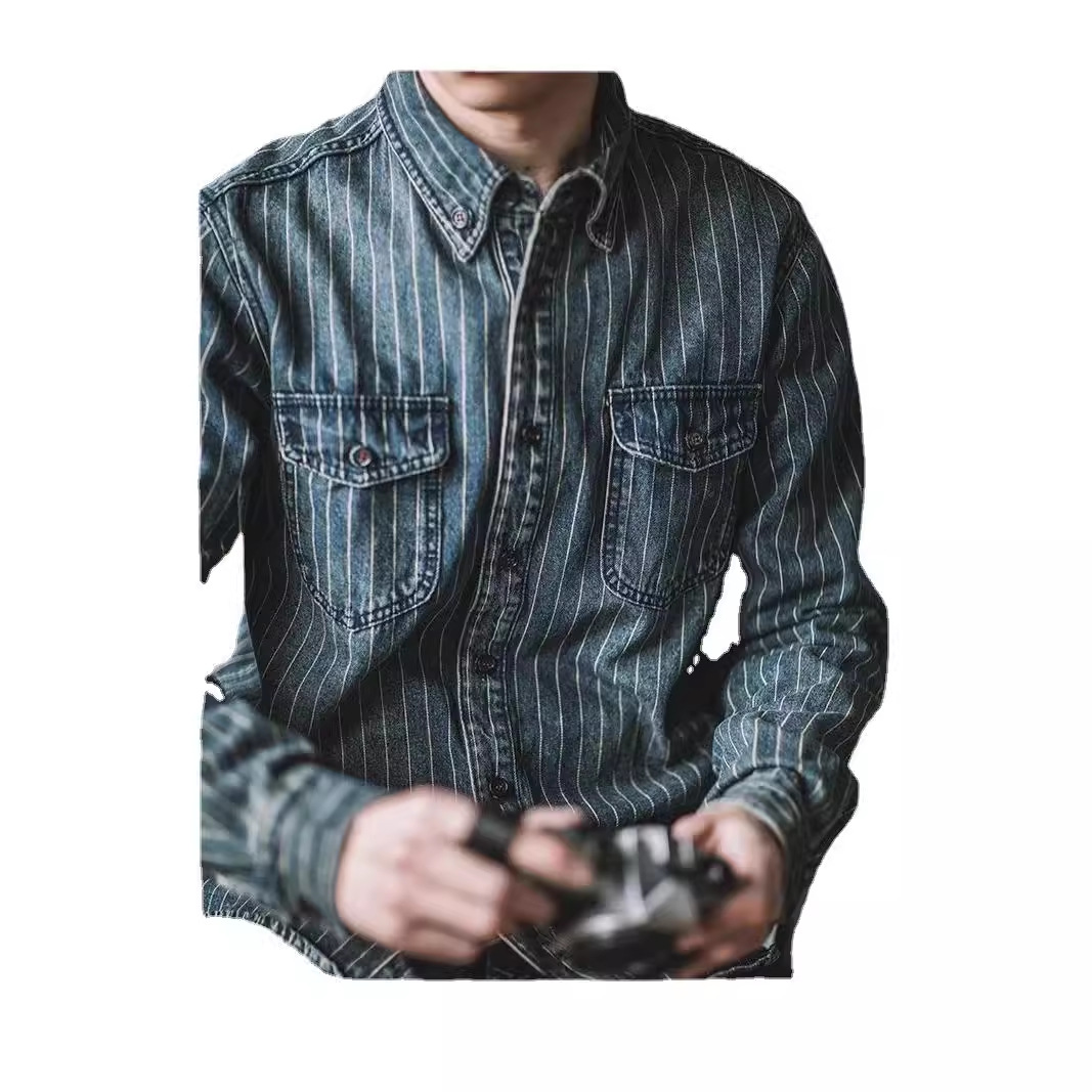Herrenbekleidung Neues Langarmhemd für Herren im japanischen Retro-Stil, lässiges gestreiftes Hemd für Teenager, lockere, trendige All-Match-Oberteile, Jacke_voghion.com