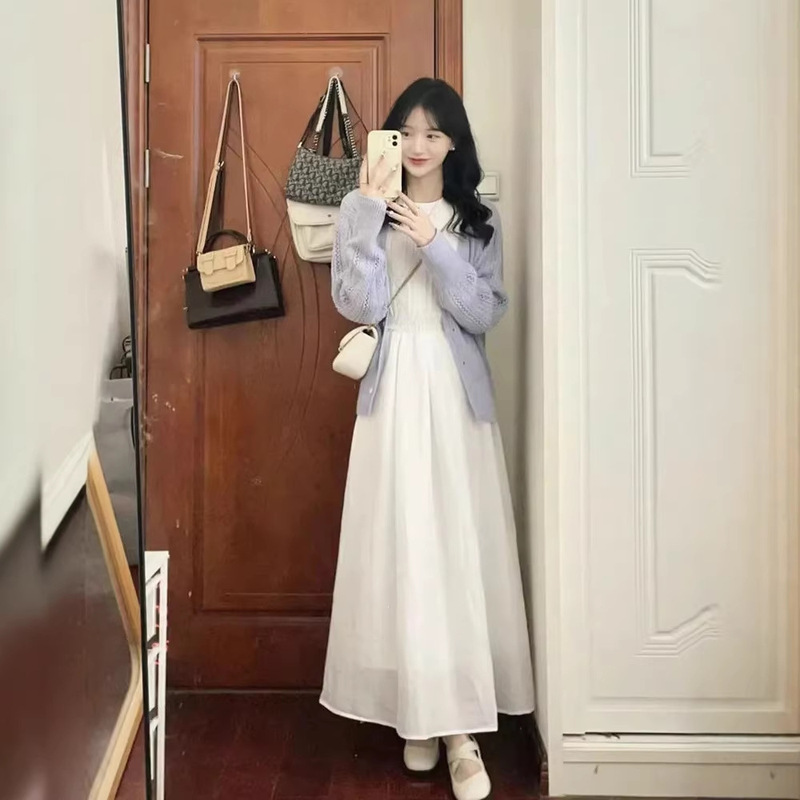 Korean-Style Artistic and Gentle Style Patchwork Sleeveless Dress for Women + Retro Hollow-Out Sweater Knit Cardigan Two-Piece Set Korean-Style Artistic and Gentle Style Patchwork Sleeveless Dress for Women + Retro Hollow-Out Sweater Knit Cardigan Two-Piece Set