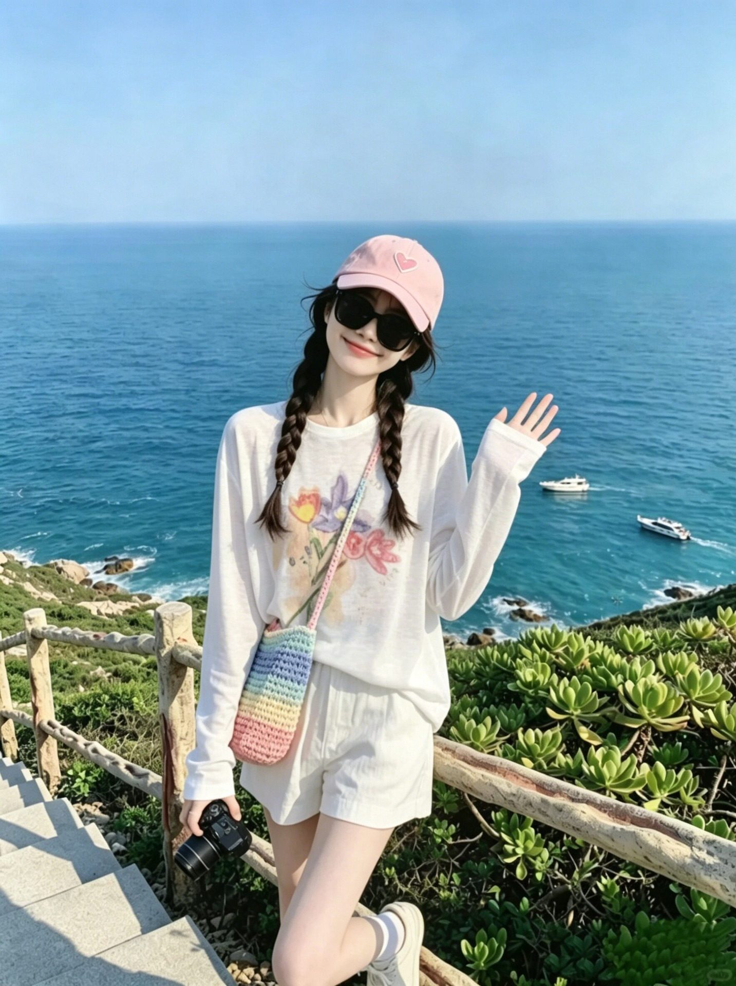 Áo thun tay dài nữ phong cách Hàn, in họa tiết hoa, kiểu chống nắng nhẹ — màu trắng chi tiết 3