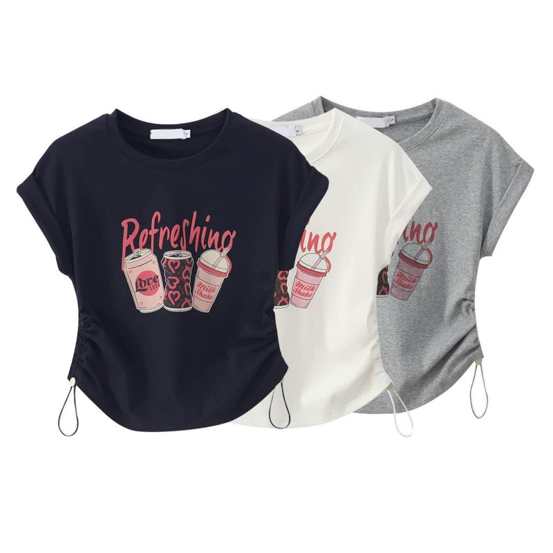 Лето 2025, модная и универсальная летняя футболка с короткими рукавами и принтом, с морщинистой талией, утягивающая фигуру, с круглым вырезом и правым плечом для полных девушек