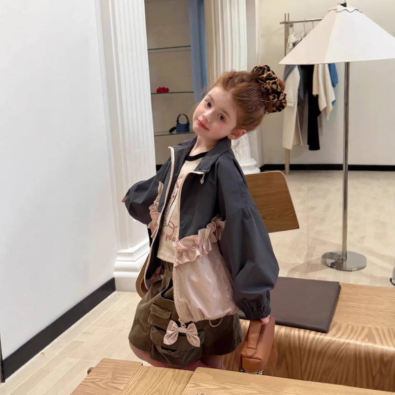 26 Spring New Korean Style Girls' Sweet Bow-Knot Design Drawstring Waist Lace-Up Jacket Windbreaker Coat