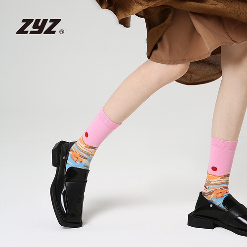 ZYZ original 5 pairs of gift box style women's socks cartoon landscape illustration printed mid-calf socks that do not tighten the feet combed cotton socks for women