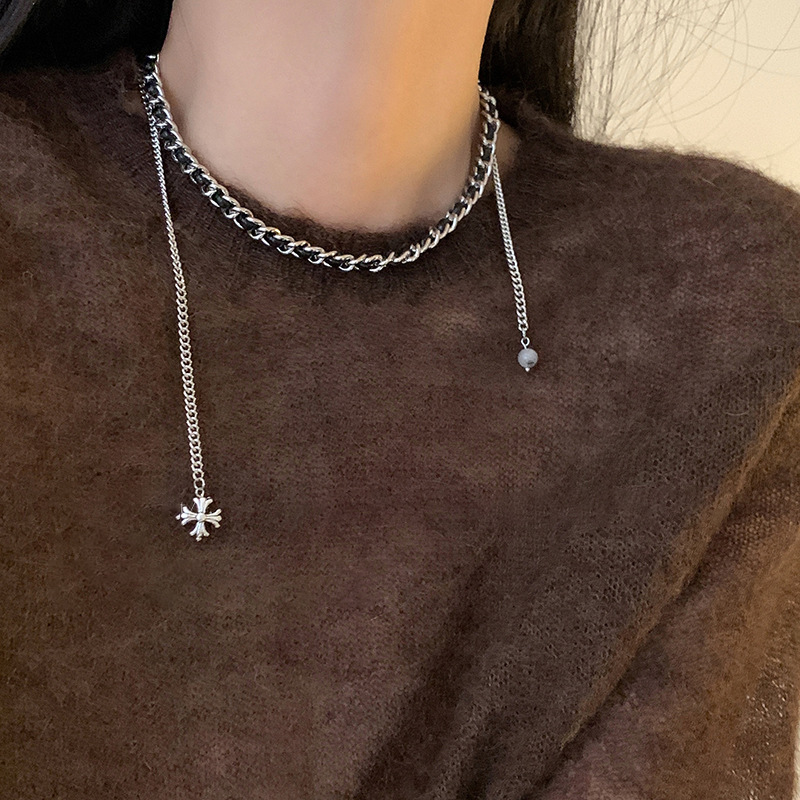 Fashion Necklace - Black Leather Wrapped Chain Cross Necklace 