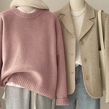 日系复古深绿色毛衣女秋冬宽松慵懒风圆领套头打底内搭针织衫加厚