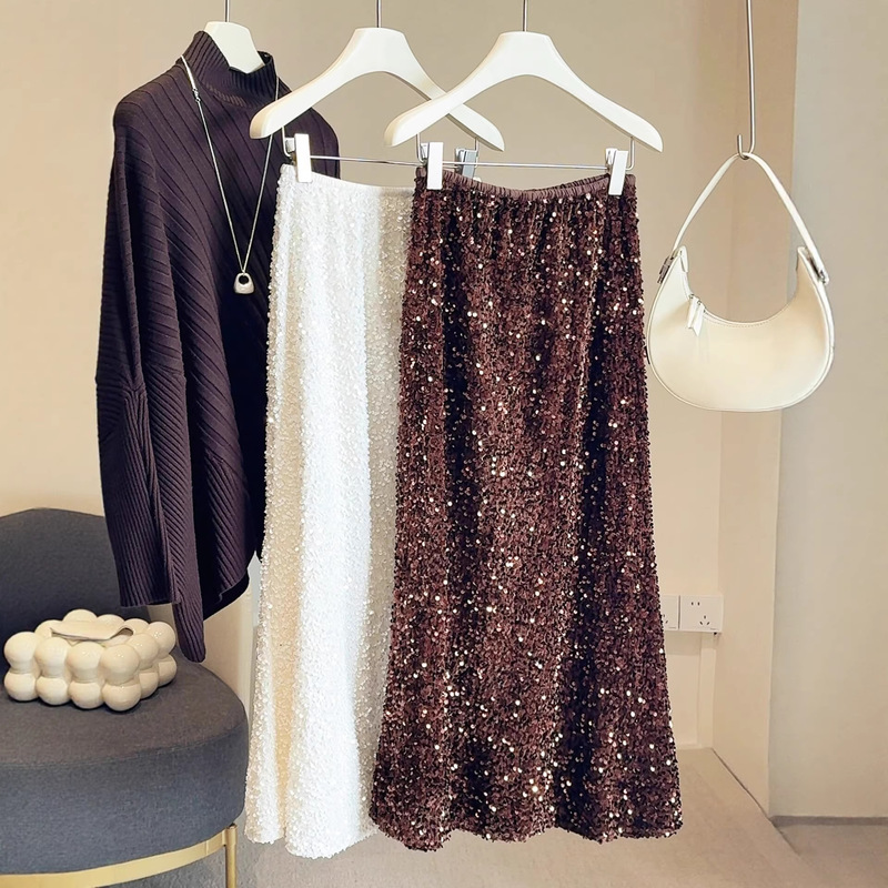 2026 New Shiny Velvet Sequin Skirt for Women, High-Waisted A-Line Fishtail Skirt, Hip-Hugging Skirt, Mid-Length Skirt