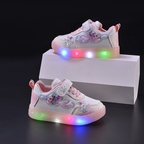 2024 Spring and Autumn New Princess Aisha Children's sneaker Leather LED Luminous Children's Shoes Children's Casual Sneakers