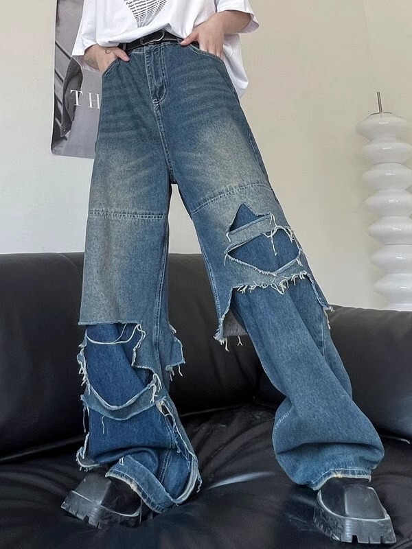 American Style High Street Washed Double Layer Cut Hole Craft Hollow Wide Leg Jeans Men's Loose Burr Stitching Straight Leg Pants