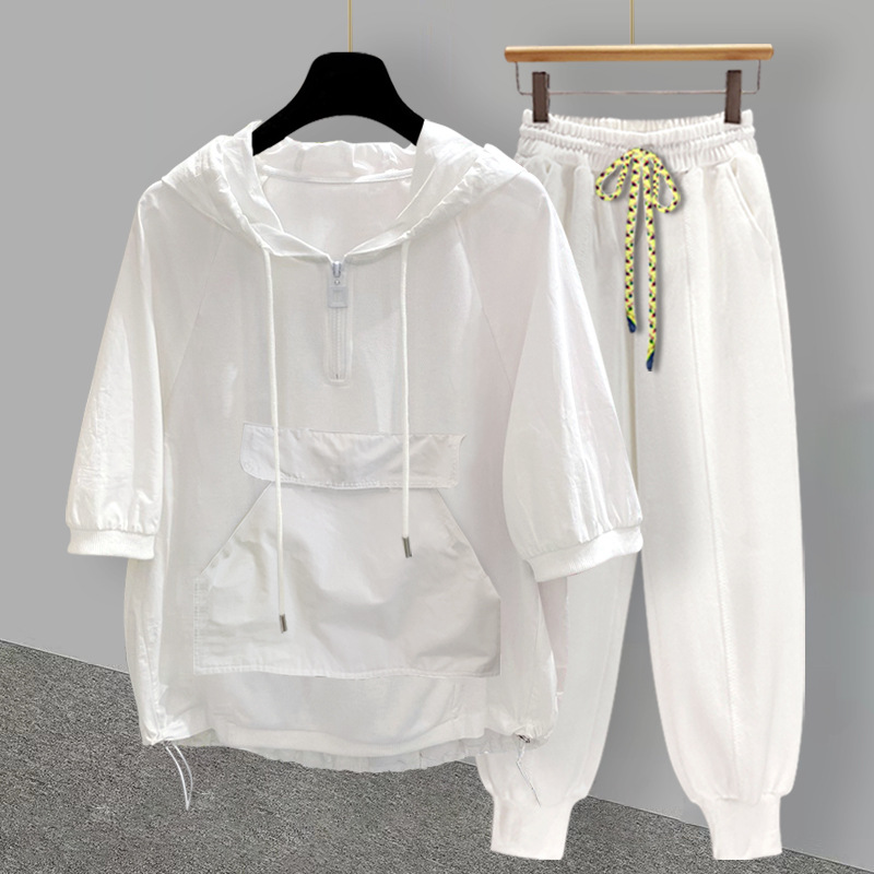 Spliced Workwear Hooded T-shirt Suit For Men In Summer Hong Kong Style With Large Pockets Andy Student Loose And Handsome Set