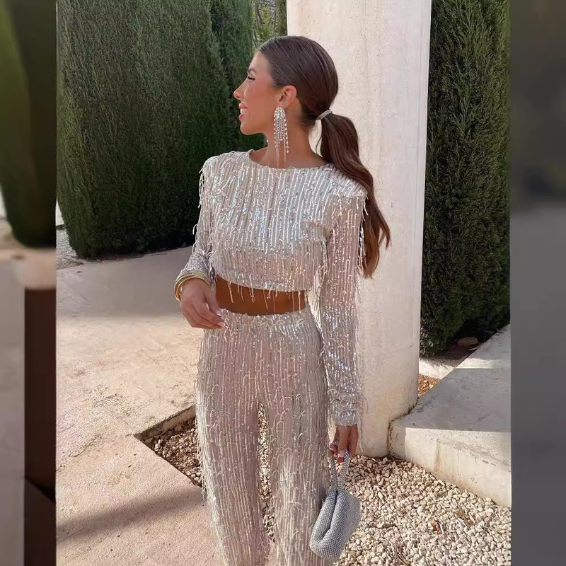Cross-border European and American Fashion Women's Sequin Tassel Top Trousers suit Women's Bead bling Dress Party suit