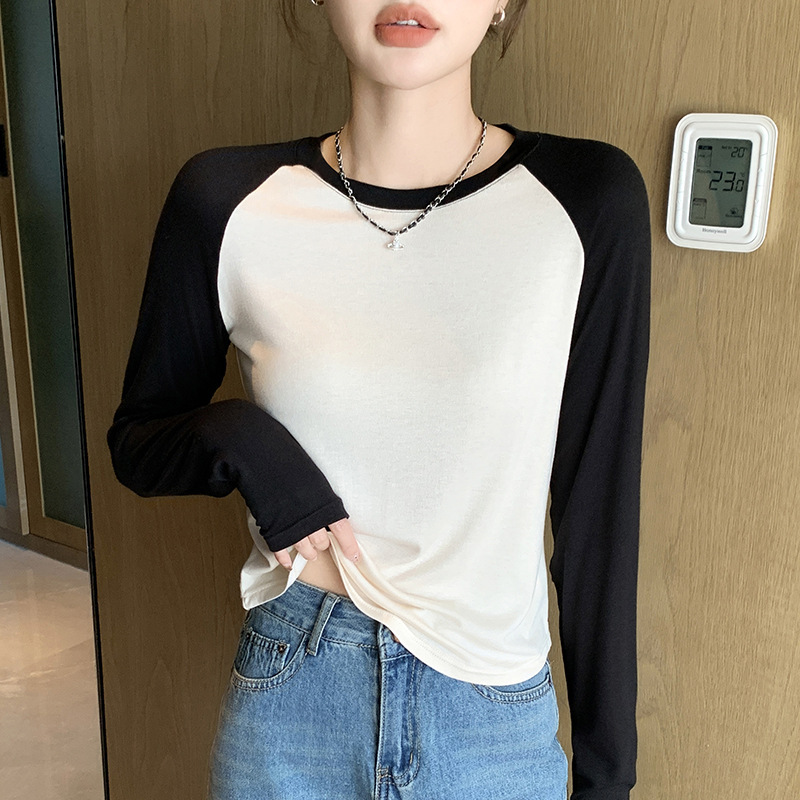 QY806 女性のラグラン Tシャツ女性の長袖黒スプライシングスリムトップ夏のホットガール Tシャツラウンドネックカジュアルウェア|undefined