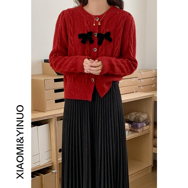 [Oufan] Christmas Red Small Fragrant Sequin Twist Bow Slimming Look Sweater Women's Winter Knitted Cardigan 9631