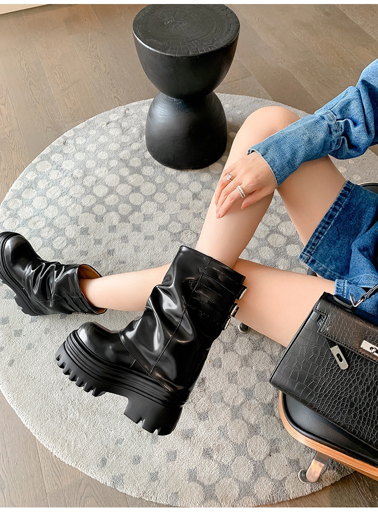 Boot nữ cổ cao ôm bắp chân đế xuồng da thật phong cách cưỡi ngựa khóa dây — Lớp lót đơn màu trắng nhạt 12cm, Lớp lót đơn màu nâu 15cm, Màu đen đơn 12cm, Lớp lót nhung màu nâu 12cm chi tiết 15