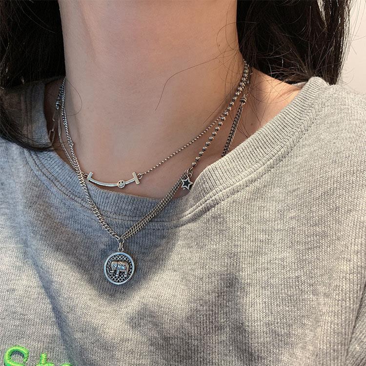 Sterling Silver Smiley Star Necklace Women's Elephant Collarbone Chain Light Luxury Niche Design Sense 2023 New Fashionable Woolen Chain