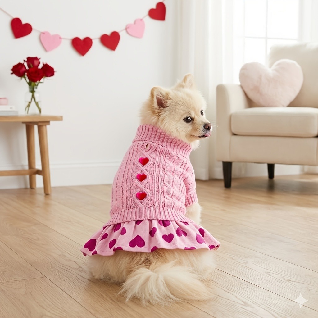 Robe pull tricotée pour chien, automne et hiver, vêtements pour animaux de compagnie, rouge, rose, motif d'amour, costume pour petit chien, Teddy Bichon