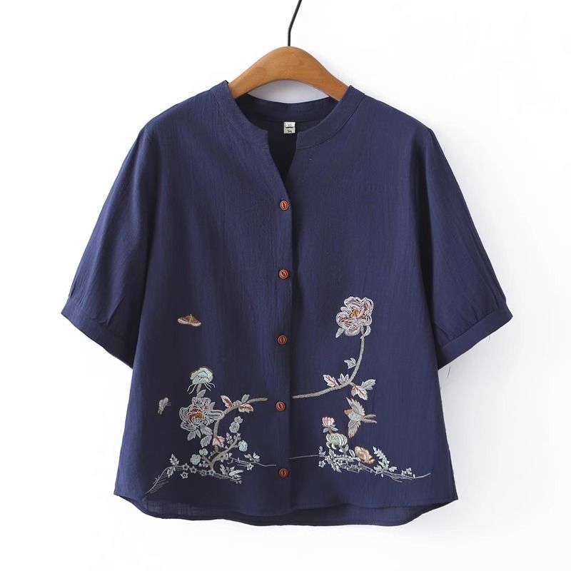 中国風 25 夏服高品質リネン半袖カーディガン女性のトップスゆったりとした大きいサイズの刺繍入りシャツ綿とリネンのシャツ女性用|undefined