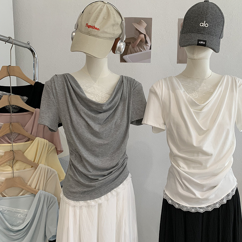 Omalai Lace Splicing Ruffled Collar Short-Sleeve T-Shirt for Women, New Summer Style, Pleated Waist, Solid Color Top, Wholesale 7037 Omalai Lace Splicing Ruffled Collar Short-Sleeve T-Shirt for Women, New Summer Style, Pleated Waist, Solid Color Top, Wholesale 7037