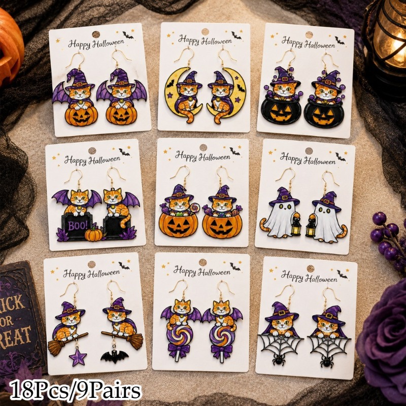 European and American cross-border 2026 new Halloween witch cat and light-catching earrings, for Halloween and Christmas