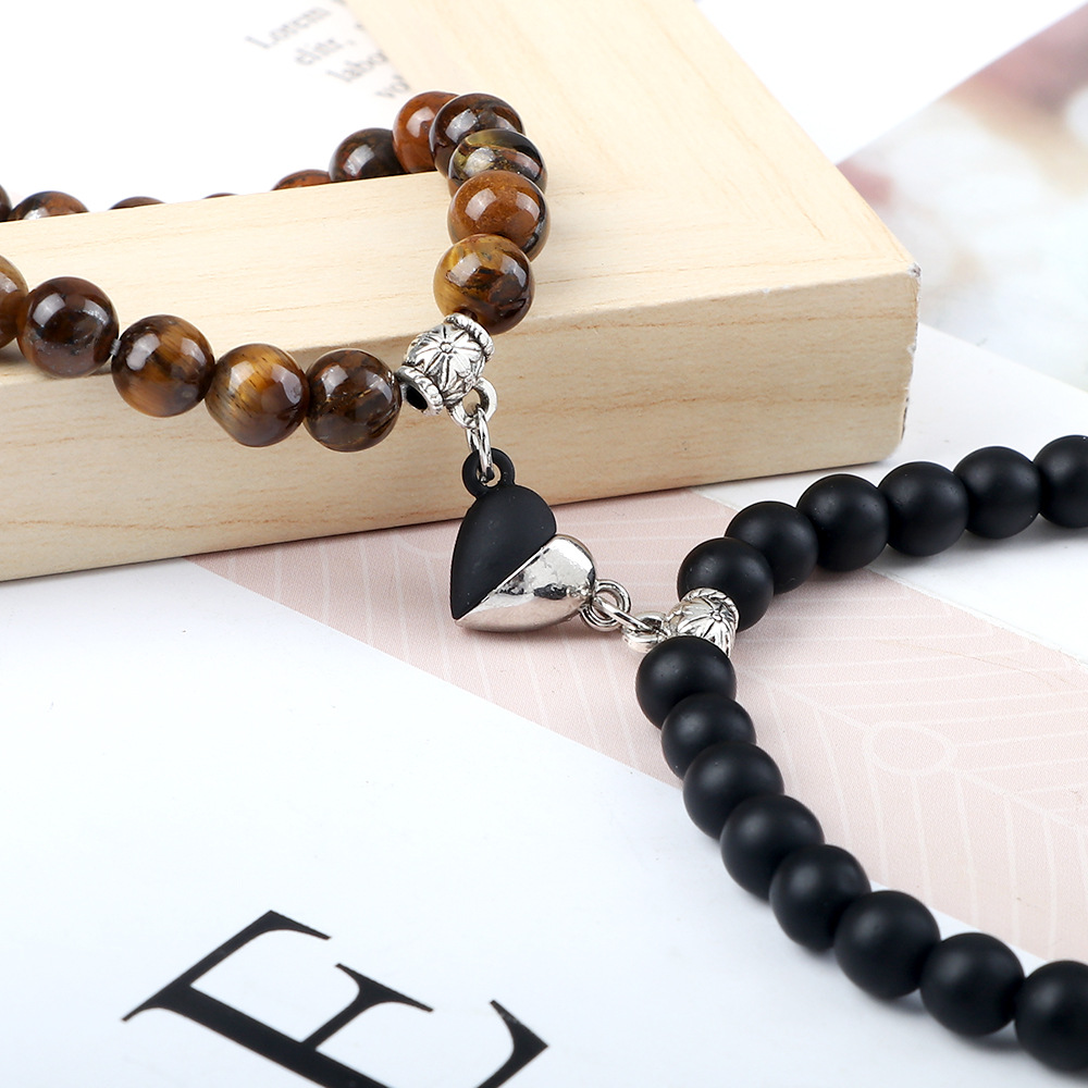 New Chinese style niche love couple set heart shaped magnetic buckle elastic bracelet simple versatile bead elastic bracelet_voghion.com