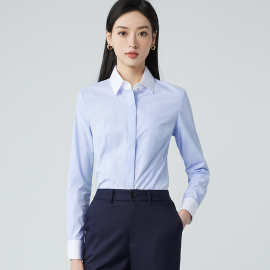 条纹衬衫女长袖春秋抗皱韩版衬衣正装职业工装工作服气质翻领大码