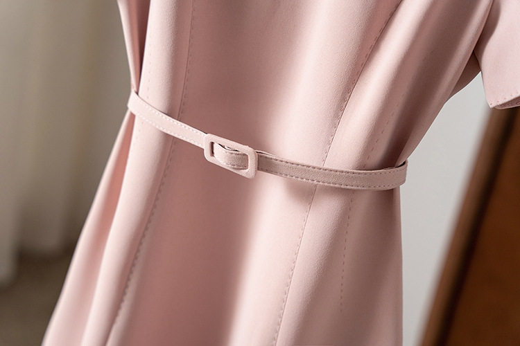 Đầm liền nữ cổ tròn phong cách Pháp, eo thon dáng chữ A, chất liệu satin, tay ngắn, màu trơn — Màu hồng, Màu trắng sữa, Màu đen chi tiết 5