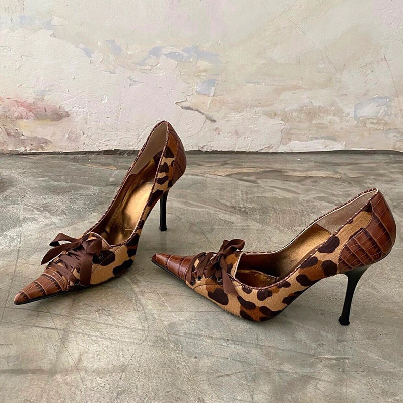European and American Style Pointed Toe Stiletto Lace-Up High Heels for Women, New Summer Niche Leopard Print Fashion Shoes (Tax Not Included) European and American Style Pointed Toe Stiletto Lace-Up High Heels for Women, New Summer Niche Leopard Print Fashion Shoes (Tax Not Included)