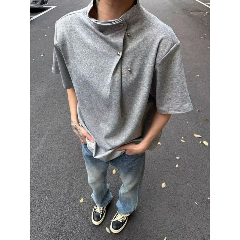 Summer Stand-Up Collar Short-Sleeved Men's Korean Style Cleanfit High Street Stylist Cool T-Shirt Stereo Air Layer Top Summer Stand-Up Collar Short-Sleeved Men's Korean Style Cleanfit High Street Stylist Cool T-Shirt Stereo Air Layer Top