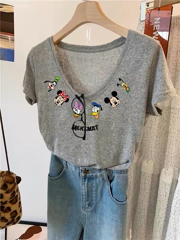Zdm Large Size 150kg Korean Cartoon Mickey V-Neck Short-Sleeved T-Shirt for Women 2026 Summer Snowflake Cotton Loose Top Trendy Zdm Large Size 150kg Korean Cartoon Mickey V-Neck Short-Sleeved T-Shirt for Women 2026 Summer Snowflake Cotton Loose Top Trendy