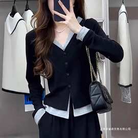 假两件T恤开衫女春秋款感黑色v领打底衫内搭短款修身上衣批发