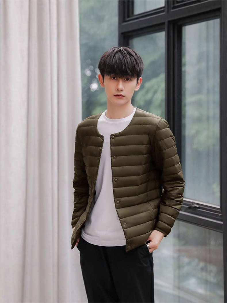 Transfronterizo Tik Tok nuevo chaqueta de pluma ligera hombre sin cuello calentador interior de cuello redondo grande vestir chaqueta de cuello V