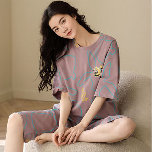 Pajamas for Women Summer Short-sleeved Cropped Pants Pure Cotton Round Neck Suit K-style Casual Home Clothes Can Be Worn Outside Two-piece Set