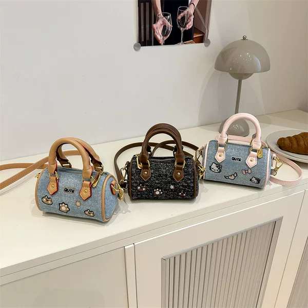 Children's Bag New Style Cute Cat Embroidered Mini Pillow Bag Denim Handbag Cartoon Girls Bucket Crossbody Bag