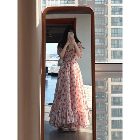 Summer Niche French Pink Floral Off-Shoulder dress Atmosphere Holiday Break Long Dress Princess Dress
