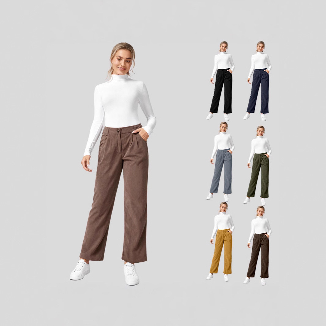 2025 Amazon Autumn and Winter New Women's High-Waisted Casual Pants European and American Solid Color Corduroy Loose Straight-Leg Trousers for Women