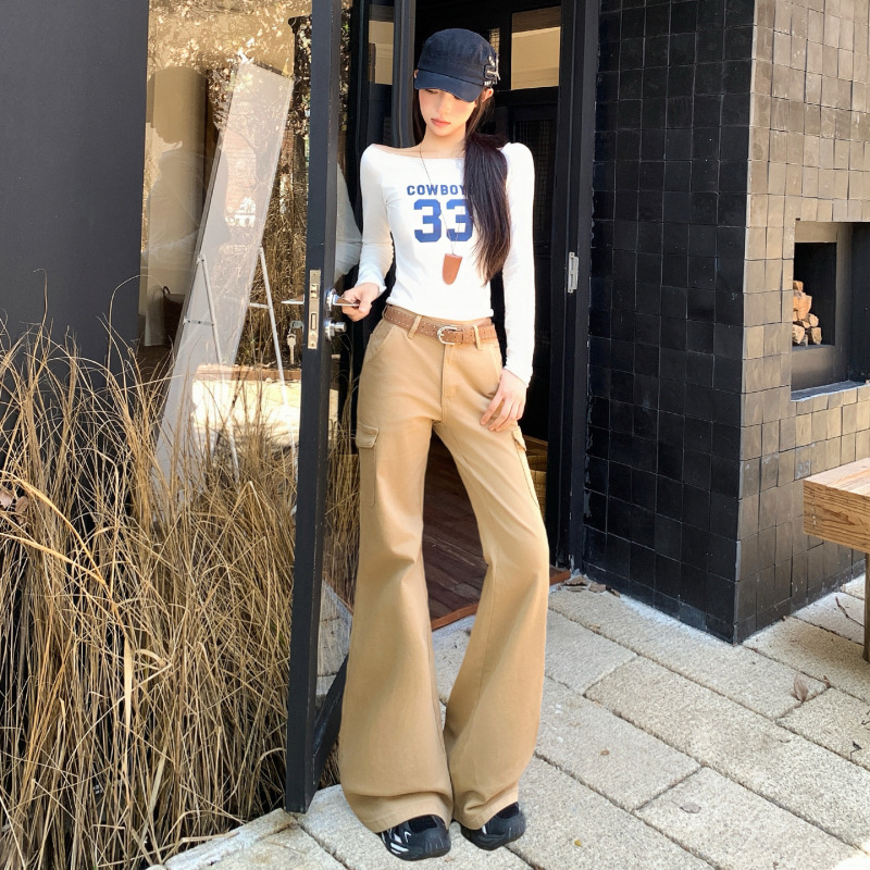 美式复古｜低腰弹力｜微喇工装牛仔裤女牛仔棉长裤图案|undefined