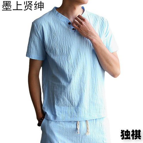 Summer Linen Short-Sleeve Ice Silk T-Shirt for Men, Solid Color, V-Neck, Chinese Style Top, Cotton-Linen Hanfu Inspired Casual Half-Sleeve T-Shirt